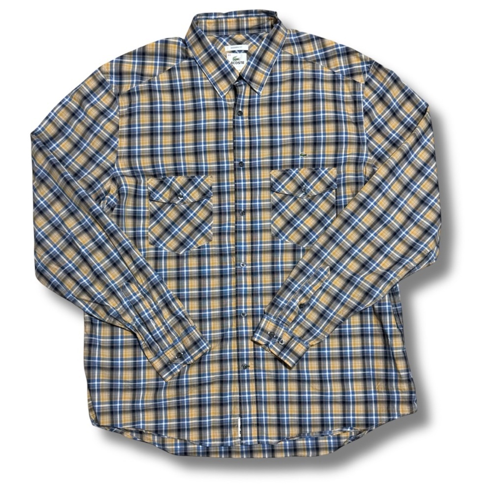 LACOSTE Men's Long Sleeve Button Down Plaid Modern Fit Shirt, Yellow/ Blue - XL